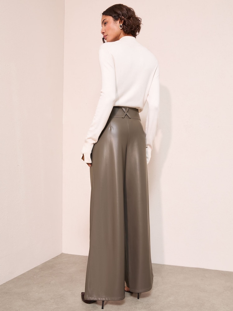 Friends Like These Chocolate Brown Faux Leather Pleated Wide Leg Trousers - Image 4 of 4