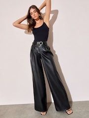 Friends Like These Black Faux Leather Pleated Wide Leg Trousers - Image 3 of 5