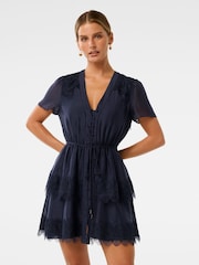 Forever New Blue Petite Mini Emmy Lace Trim Dress with a Touch of Linen - Image 1 of 5