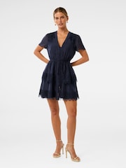 Forever New Blue Petite Mini Emmy Lace Trim Dress with a Touch of Linen - Image 4 of 5