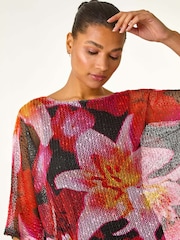 Roman Pink Floral Print Mesh Overlay Top - Image 2 of 5