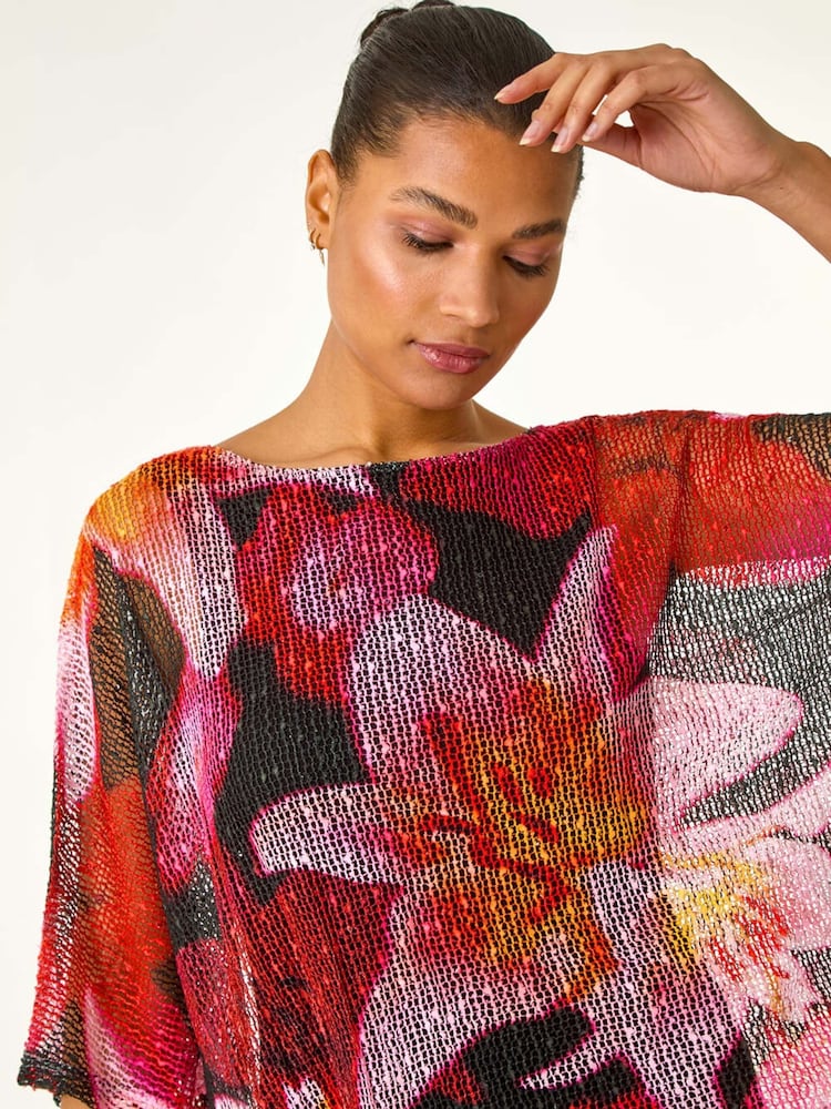 Roman Pink Floral Print Mesh Overlay Top - Image 2 of 5