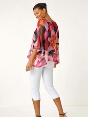 Roman Pink Floral Print Mesh Overlay Top - Image 3 of 5