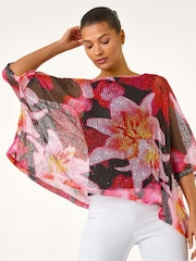 Roman Pink Floral Print Mesh Overlay Top - Image 4 of 5
