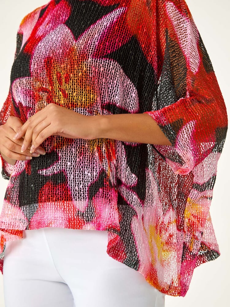Roman Pink Floral Print Mesh Overlay Top - Image 5 of 5