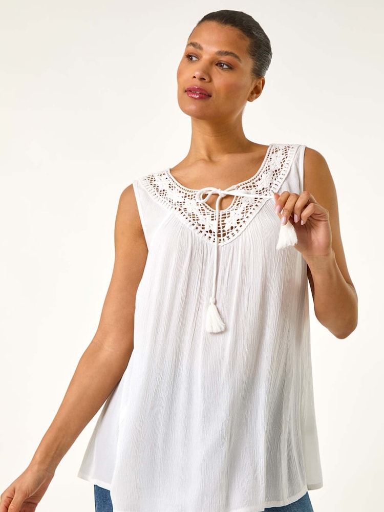 Roman White Embroidered Tie Neck Vest Top - Image 5 of 5