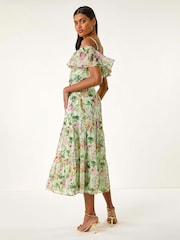Roman Green Floral Print Bardot Midi Dress - Image 3 of 5