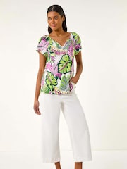 Roman Pink Leaf Print V-Neck Stretch T-Shirt - Image 2 of 5