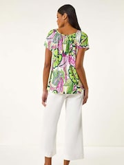 Roman Pink Leaf Print V-Neck Stretch T-Shirt - Image 3 of 5
