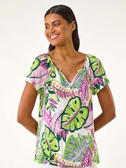 Roman Pink Leaf Print V-Neck Stretch T-Shirt - Image 4 of 5