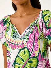 Roman Pink Leaf Print V-Neck Stretch T-Shirt - Image 5 of 5