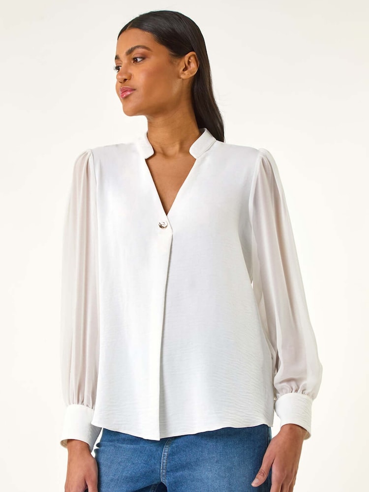 Roman White Chiffon Sleeve V-Neck Pleated Top - Image 1 of 5