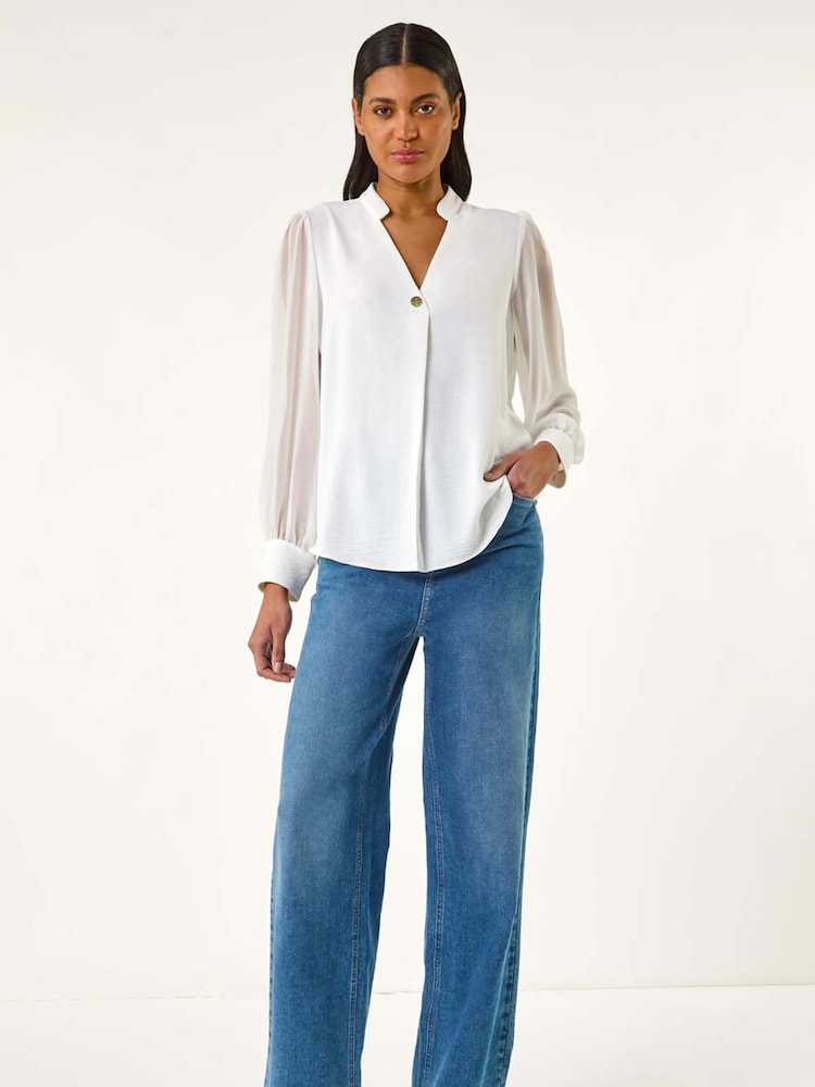 Roman White Chiffon Sleeve V-Neck Pleated Top - Image 2 of 5