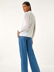 Roman White Chiffon Sleeve V-Neck Pleated Top - Image 3 of 5