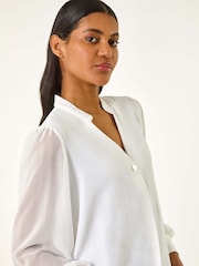 Roman White Chiffon Sleeve V-Neck Pleated Top - Image 4 of 5