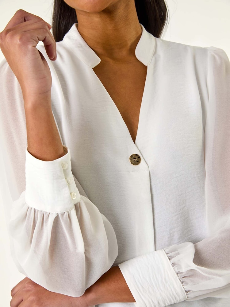 Roman White Chiffon Sleeve V-Neck Pleated Top - Image 5 of 5