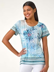 Camiseta elástica com estampa floral romana e contraste de diamantes - Imagem 3 de 5