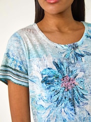 Camiseta elástica com estampa floral romana e contraste de diamantes - Imagem 5 de 5