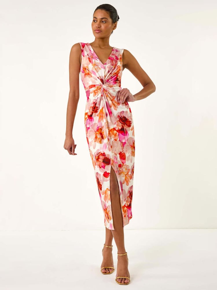 Roman Pink Floral Print Twist Front Midi Dress - Image 1 of 5