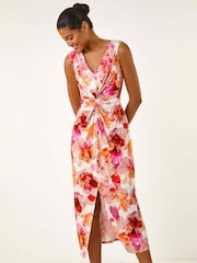 Roman Pink Floral Print Twist Front Midi Dress - Image 2 of 5