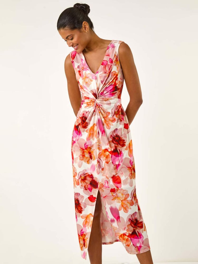 Roman Pink Floral Print Twist Front Midi Dress - Image 2 of 5