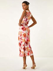 Roman Pink Floral Print Twist Front Midi Dress - Image 3 of 5