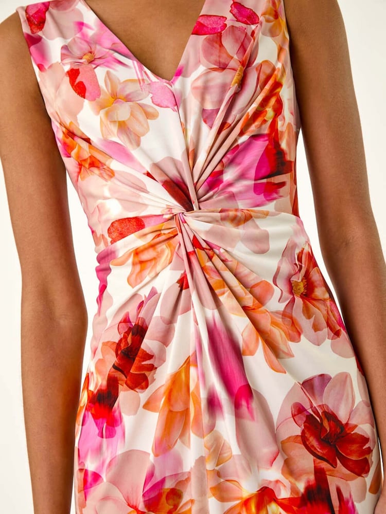 Roman Pink Floral Print Twist Front Midi Dress - Image 5 of 5