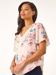 Roman Pink Floral Print Angel Sleeve Blouse - Image 4 of 5