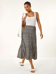 Roman Black Stretch Geometric Floral Print Midi Skirt - Image 2 of 5
