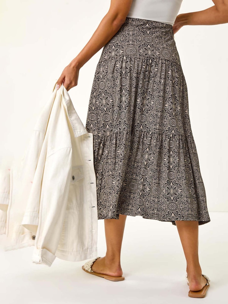 Roman Black Stretch Geometric Floral Print Midi Skirt - Image 3 of 5
