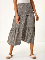 Roman Black Stretch Geometric Floral Print Midi Skirt - Image 4 of 5