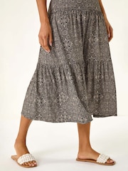 Roman Black Stretch Geometric Floral Print Midi Skirt - Image 5 of 5
