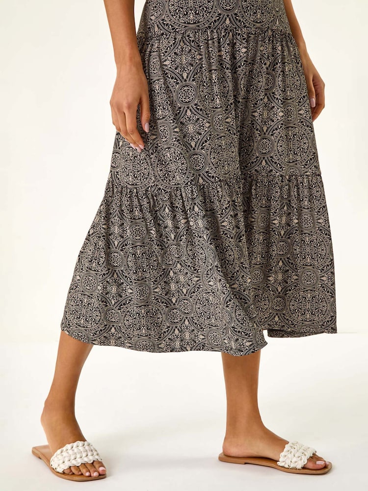 Roman Black Stretch Geometric Floral Print Midi Skirt - Image 5 of 5