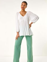 Roman White Shirred V-Neck Top - Image 2 of 5