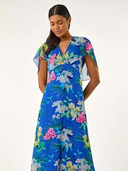 Roman Blue Floral Print Chiffon Back Cape Dress - Image 1 of 5