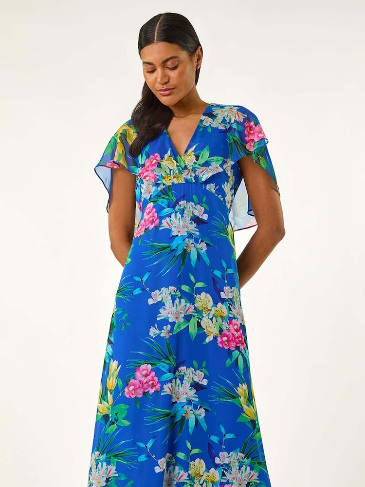 Roman Blue Floral Print Chiffon Back Cape Dress - Image 1 of 5