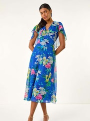 Roman Blue Floral Print Chiffon Back Cape Dress - Image 2 of 5