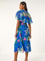 Roman Blue Floral Print Chiffon Back Cape Dress - Image 3 of 5