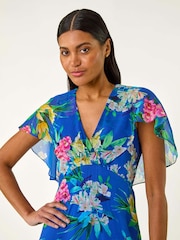 Roman Blue Floral Print Chiffon Back Cape Dress - Image 4 of 5