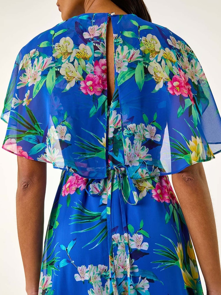 Roman Blue Floral Print Chiffon Back Cape Dress - Image 5 of 5
