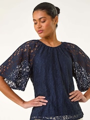 Roman Blue Lace Angel Sleeve Top - Image 1 of 5