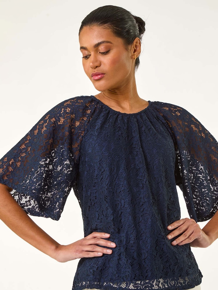 Roman Blue Lace Angel Sleeve Top - Image 1 of 5