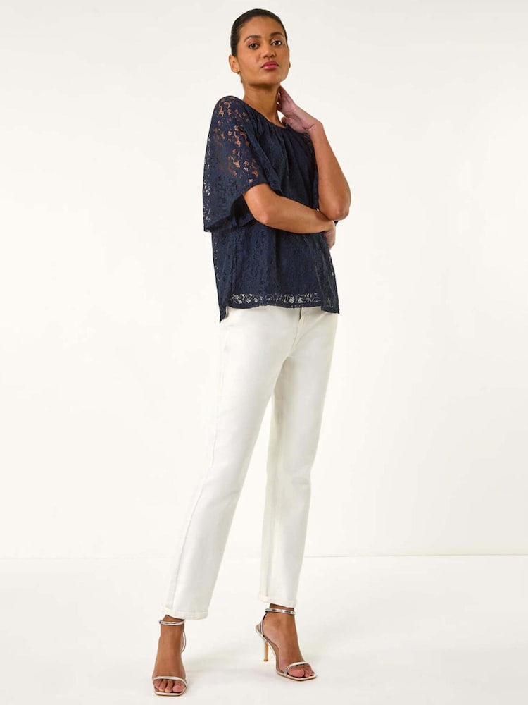 Roman Blue Lace Angel Sleeve Top - Image 2 of 5