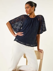 Roman Blue Lace Angel Sleeve Top - Image 4 of 5