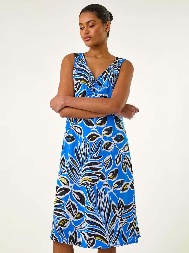 Roman Leaf Print V-Neck Gathered Dress - Imagen 1 de 5 Roman Leaf Print V-Neck Gathered Dress - Imagen 1 de 5