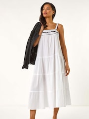 Roman White Ric Rac Trim 100% Cotton Midi Dress - Image 1 of 5