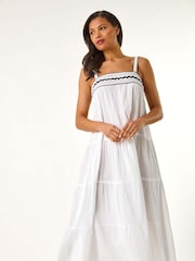 Roman White Ric Rac Trim 100% Cotton Midi Dress - Image 4 of 5