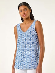 Roman Blue Tile Print Cami Stretch Top - Image 1 of 5