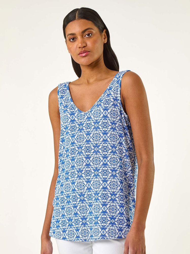 Roman Blue Tile Print Cami Stretch Top - Image 1 of 5