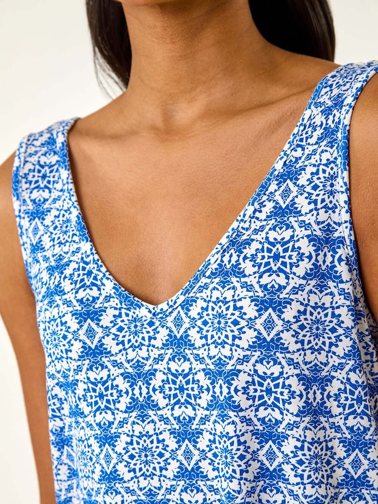 Roman Blue Tile Print Cami Stretch Top - Image 5 of 5